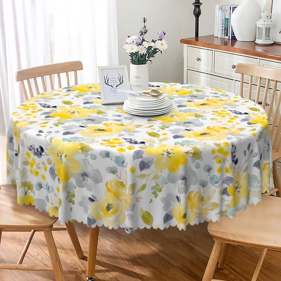 LFEEY Yellow Flower Round Tablecloth, Dining Room Table Cover 60 in