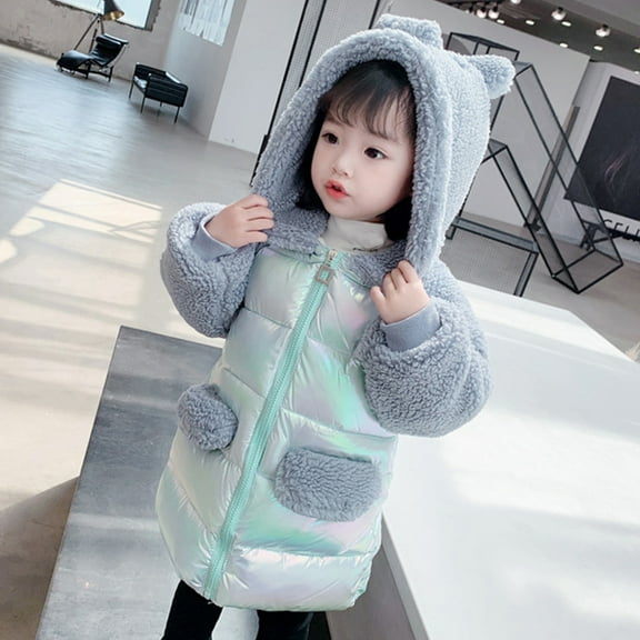 LFEOOST 2-7 Years Toddler Girls Jacket Cute Bear Hooded Zipper Mid-Length Windproof Warm Coat Blue 110