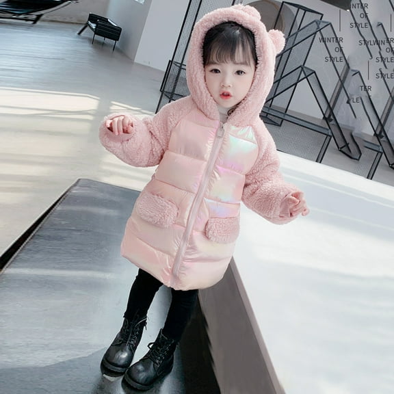 LFEOOST 2-7 Years Toddler Girls Jacket Cute Bear Hooded Zipper Mid-Length Windproof Warm Coat Pink 130