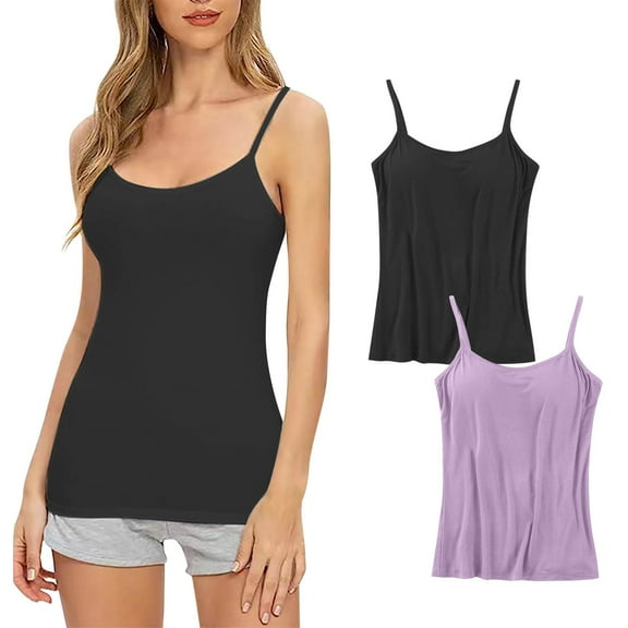LFEOOST 2 Pack Women Camisole with Built In Bra, Womens Adjustable Spaghetti Strap Cami Tanks Basic Padded Comfy Yoga Tops Black XXXXL