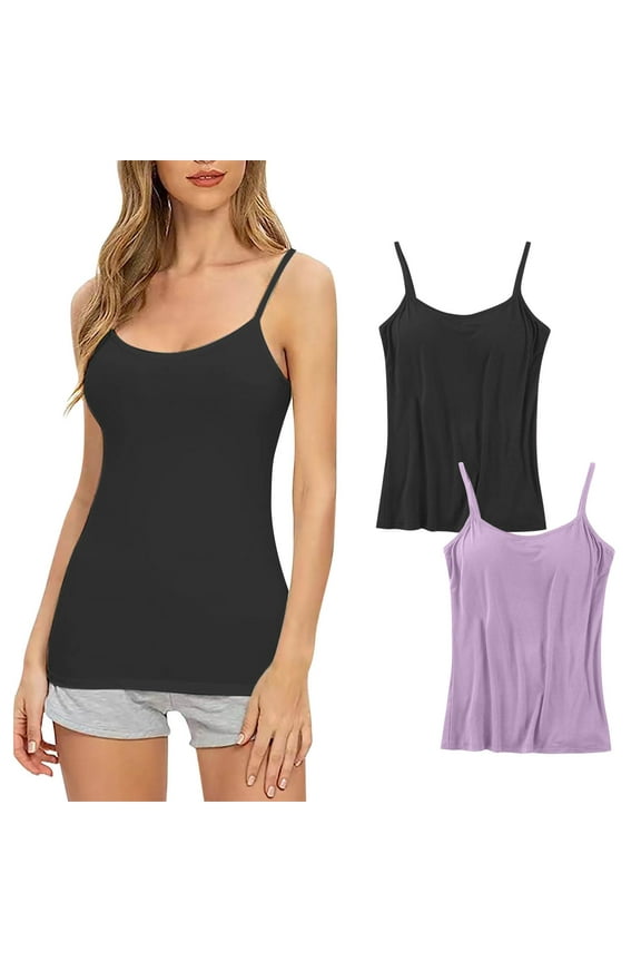 2 Pack Women Camisole with Built In Bra, Womens Adjustable Spaghetti Strap Cami Tanks Basic Padded Comfy Yoga Tops Black XXXXL