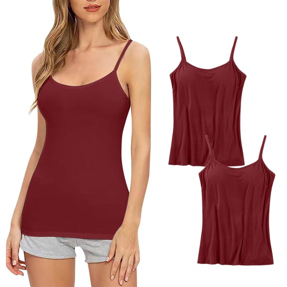 LFEOOST 2 Pack Women Camisole with Built In Bra, Womens Adjustable Spaghetti Strap Cami Tanks Basic Padded Comfy Yoga Tops Red XXL