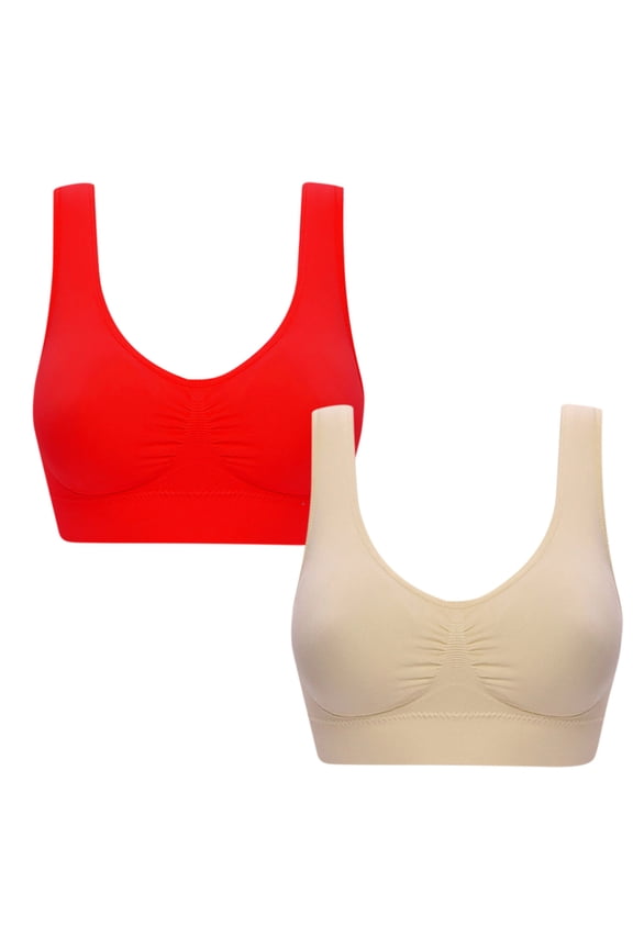 2 Pack Women Sports Bra, 2pc Convenient Pull On Bras Super Comfy Everyday Sports Bras Wireless Workout Bra Athletic Bra Red L