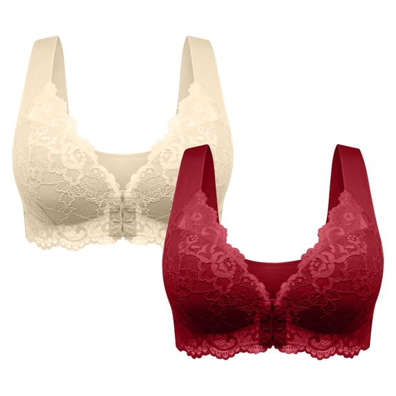 LFEOOST 2 Pack Women's Front Closure Bra Underwire Unlined T-Back Plus Size Wirefree Bras Lace Unpadded Full Coverage Racerback T-Shirt Bras Beige XXXL