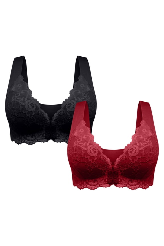 2 Pack Women's Front Closure Bra Underwire Unlined T-Back Plus Size Wirefree Bras Lace Unpadded Full Coverage Racerback T-Shirt Bras Black XL