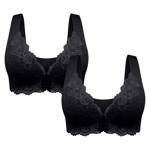 LFEOOST 2 Pack Women's Front Closure Bra Underwire Unlined T-Back Plus Size Wirefree Bras Lace Unpadded Full Coverage Racerback T-Shirt Bras Black XL