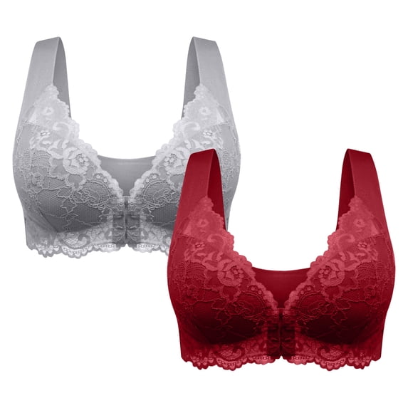 LFEOOST 2 Pack Women's Front Closure Bra Underwire Unlined T-Back Plus Size Wirefree Bras Lace Unpadded Full Coverage Racerback T-Shirt Bras Gray M
