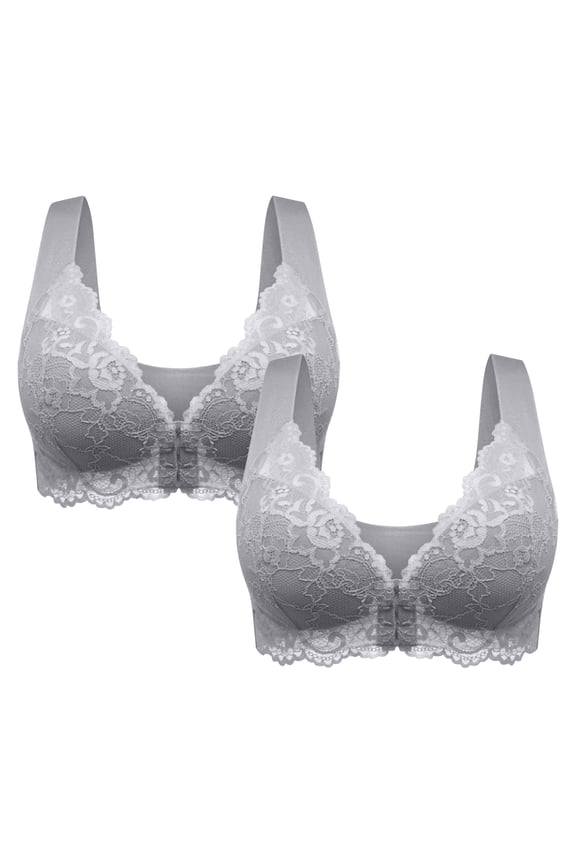 2 Pack Women's Front Closure Bra Underwire Unlined T-Back Plus Size Wirefree Bras Lace Unpadded Full Coverage Racerback T-Shirt Bras Gray XXL