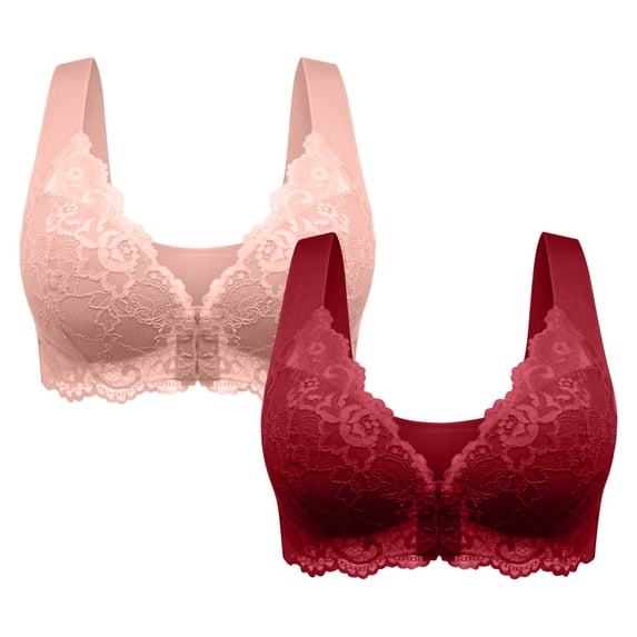 LFEOOST 2 Pack Women's Front Closure Bra Underwire Unlined T-Back Plus Size Wirefree Bras Lace Unpadded Full Coverage Racerback T-Shirt Bras Pink M