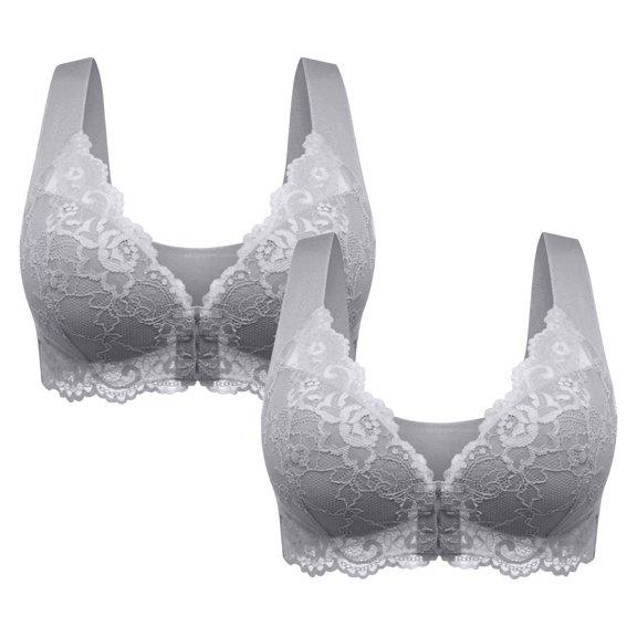 LFEOOST 2 Pack Women's Front Closure Bra Underwire Unlined T-Back Plus Size Wirefree Bras Lace Unpadded Full Coverage Racerback T-Shirt Bras Gray XXXXXL
