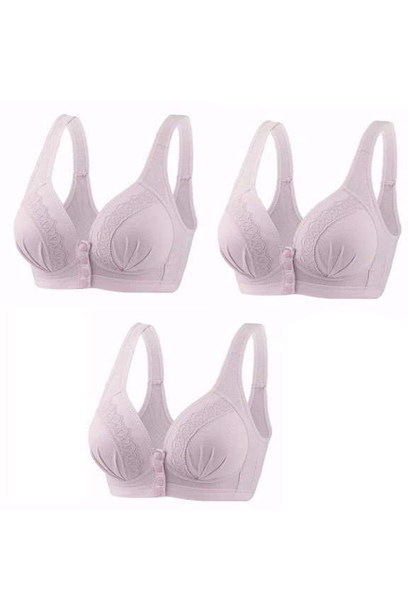 2024 Front Button Breathable Skin-Friendly Cotton Bra 3 Pack Plus Size Front Buckle Lift Bra Womens U-Shaped Back Bras Purple L