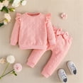 thumbnail image 1 of LFEOOST 2pcs Baby Girl Love Heart Textured Ruffle Trim Long Sleeve Pullover and Bow Front Pants Clothes Set Pink 5 Years, 1 of 9