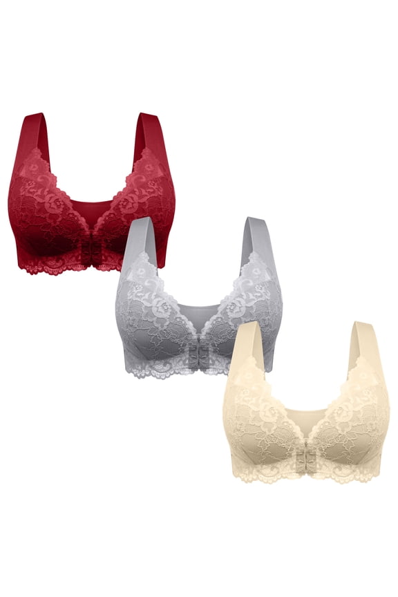 3 Pack Push Up Bra for Women Full Coverage Soft Padded Everyday Underwear Lace Bras Plus Size Wire Free Uplift Bralette Multicolor L