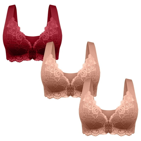 LFEOOST 3 Pack Push Up Bra for Women Full Coverage Soft Padded Everyday Underwear Lace Bras Plus Size Wire Free Uplift Bralette Multicolor M