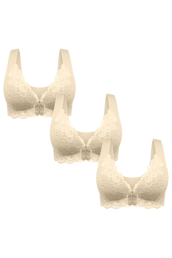 3 Pack Womens Casual Comfort Convertible Bralette Lace Front Closure Seamless Beauty Back Push Up Sports Comfy Bra Beige XL