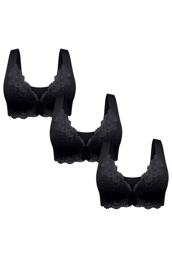 3 Pack Womens Casual Comfort Convertible Bralette Lace Front Closure Seamless Beauty Back Push Up Sports Comfy Bra Black L