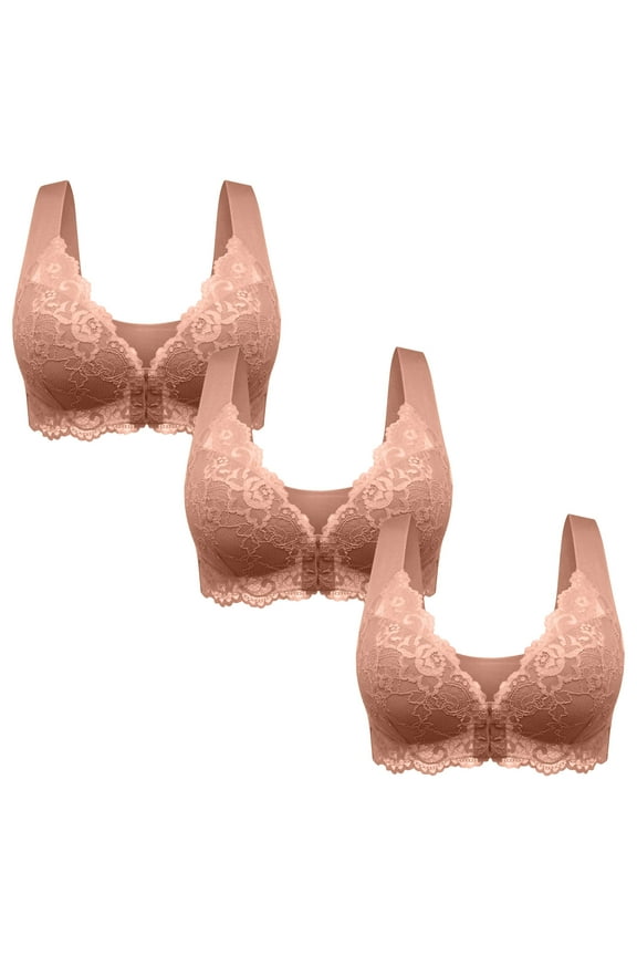 3 Pack Womens Casual Comfort Convertible Bralette Lace Front Closure Seamless Beauty Back Push Up Sports Comfy Bra Coffee L