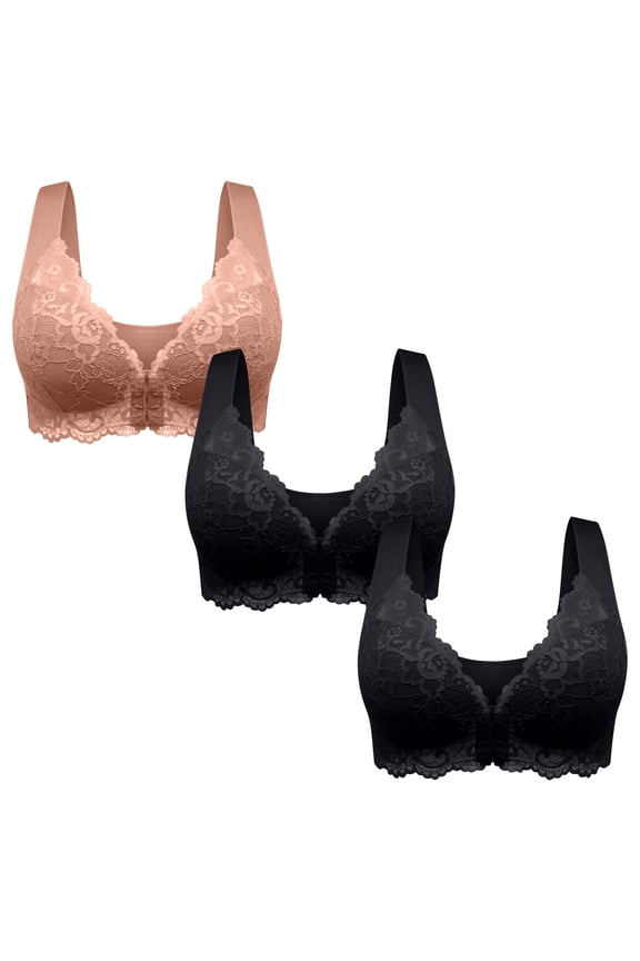 3 Pack Womens Casual Comfort Convertible Bralette Lace Front Closure Seamless Beauty Back Push Up Sports Comfy Bra Coffee L
