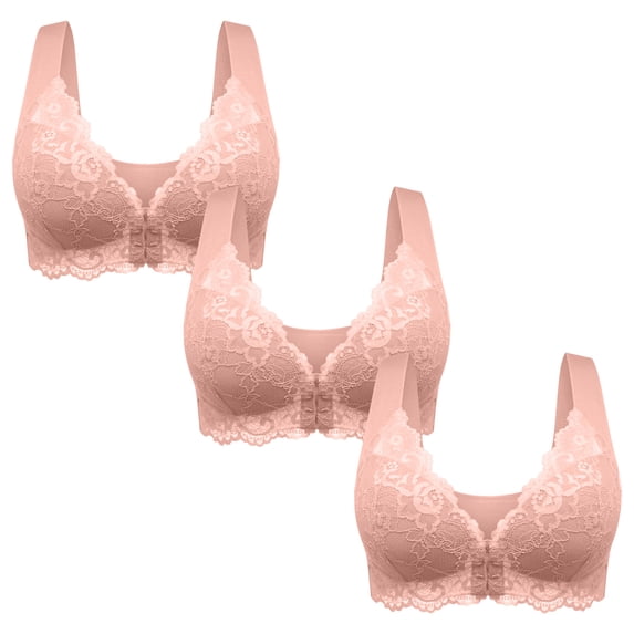 LFEOOST 3 Pack Womens Casual Comfort Convertible Bralette Lace Front Closure Seamless Beauty Back Push Up Sports Comfy Bra Pink XL