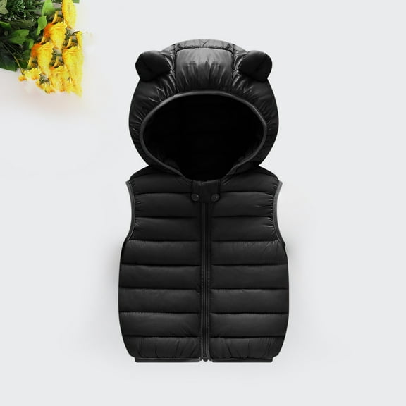 LFEOOST Baby Boys Girls Hooded Puffer Vest Winter Lightweight Sleeveless Bear Ears Zipper Up Jacket Black 12-18 Months