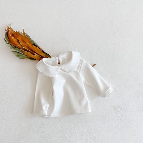 LFEOOST Baby Girl White Blouses Toddler Basic Solid Color Long Sleeve Doll Collar T-Shirt Cotton Pullover Tops 3-18 Months White 12M