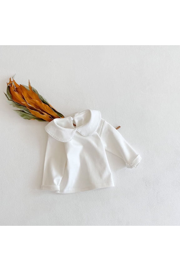 Baby Girl White Blouses Toddler Basic Solid Color Long Sleeve Doll Collar T-Shirt Cotton Pullover Tops 3-18 Months White 6M