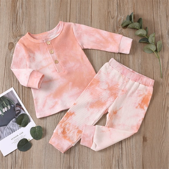 LFEOOST Baby Girls Winter Clothes Set Long Sleeve Tie Dye Pullover Sweatshirt Pants Outfit Sets for Newborn Infant Toddler Pink 80