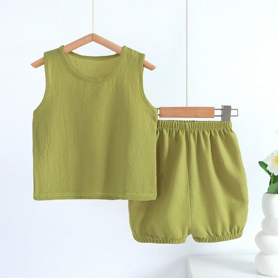 LFEOOST Baby Outfits Unisex Girls Boys Cotton Linen Blend Tank Tops and Bloomers Little Girls Lounge Outfits Set Fall Tank Short Set Green 3 Years