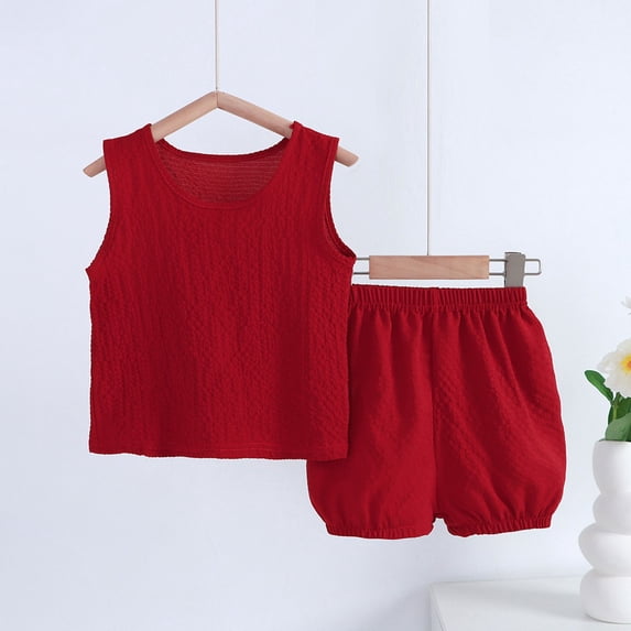 LFEOOST Baby Outfits Unisex Girls Boys Cotton Linen Blend Tank Tops and Bloomers Little Girls Lounge Outfits Set Fall Tank Short Set Red 18 Months