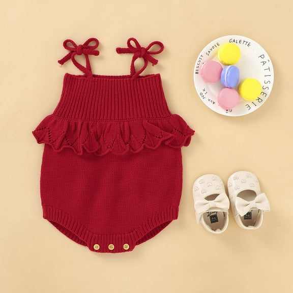 LFEOOST Baby Sleeveless Romper Girls One Piece Cotton Outfit Sling Jumpsuit Newborn Knitted Floral Bodysuit Outfit, 80, Red