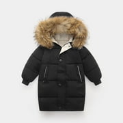 LFEOOST Boys Girls Long Down Coats Thick Puffer Winter Jacket Hooded Warm Snow Jackets with Removable Fur Trim Black 6-7 Years