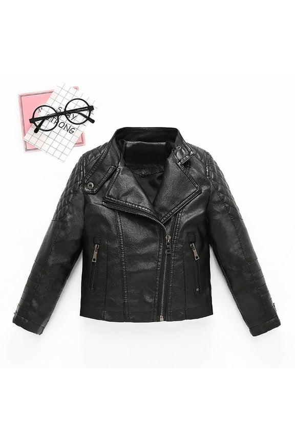Children Collar Motorcycle Faux Leather Coats Kids Bomber Pu Soft Leather Jackets Black 130