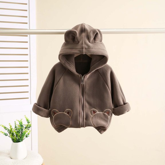 LFEOOST Cute Bear Ears Hooded Padded Coat 2024 Kids Print Zipper Winter Warm Jacket Childrens Boys Girls Solid Loose Outwear (Brown, 80 3 Months)