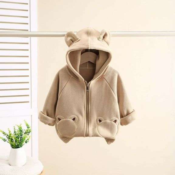 LFEOOST Cute Bear Ears Hooded Padded Coat 2024 Kids Print Zipper Winter Warm Jacket Childrens Boys Girls Solid Loose Outwear (Khaki, 110 2 Years)