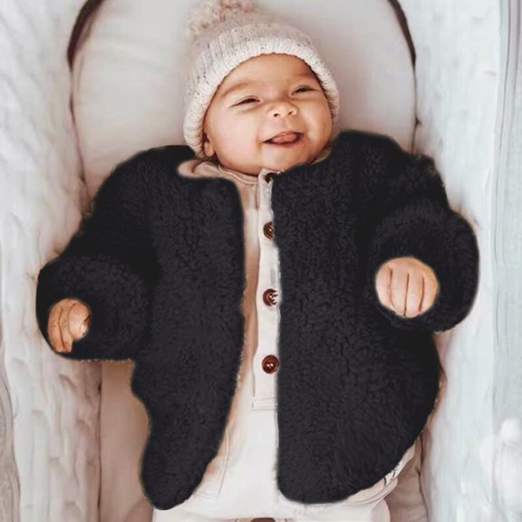 LFEOOST Fashion Lamb Wool Kid's Short Coats Crew Neck Long Sleeve One Breasted Jackets Toddler Coat Black M