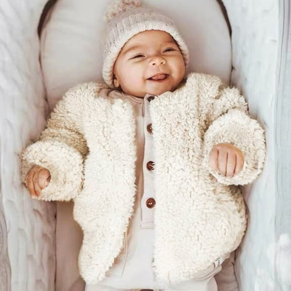 LFEOOST Fashion Lamb Wool Kid's Short Coats Crew Neck Long Sleeve One Breasted Jackets Toddler Coat White XXL