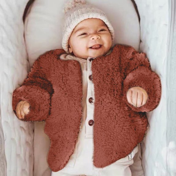 LFEOOST Fashion Lamb Wool Kid's Short Coats Crew Neck Long Sleeve One Breasted Jackets Toddler Coat Brown M