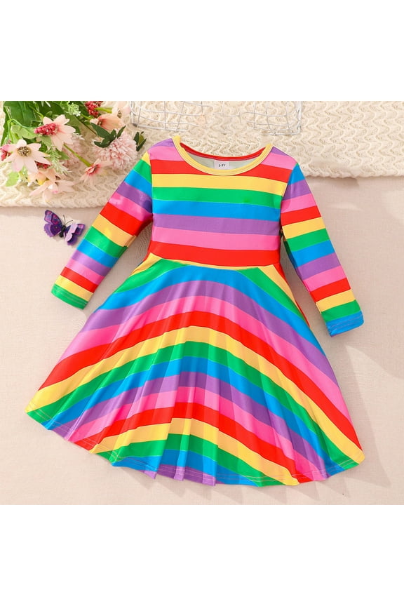 Girl Stripe Rainbow Dress Toddler Little Long Sleeve Kid Casual A-Line Fall Winter Christmas Sundress 2-7 Year (Multicolor, 4Y)