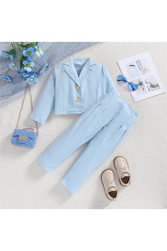 Girl's 2 Piece Outfits Short Sleeve Button Front Blazer Jacket & Long Pleated Straight Leg Pants Sets 2-6 Years Light Blue 120