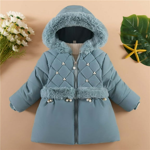 LFEOOST Girl's Winter Coats Full Zip Up Puffer Jackets Long Sleeve Hooded Fleece Coats Casual Shackets Soft Cozy Outwear (Light Blue, 18 Months)