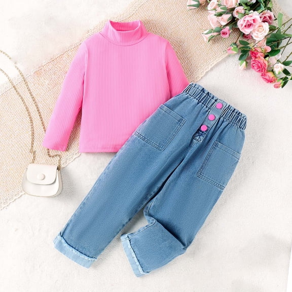 LFEOOST Girls' 2 Piece Outfits High Neck Long Sleeve T-Shirt and Button Cargo Denim Pants Clothing Set, 4-8 Years Pink 6Y