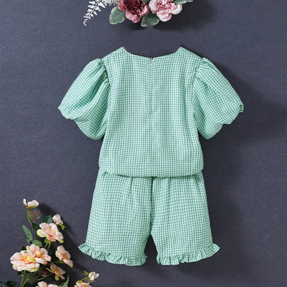 LFEOOST Girls 2 Piece Outfits Sets Puff Sleeve Crewneck Tops Sweatpants Kids Tracksuits Clothing Sets Green 2Y