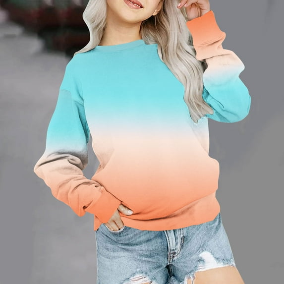 LFEOOST Girls Casual Crewneck Sweatshirts Long Sleeve Cute Pullover Oversized Lightweight Color Patchwork Tops Orange 11-12 Years