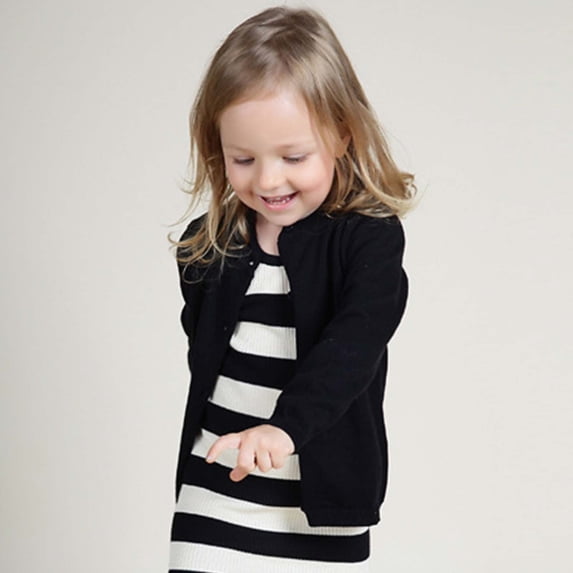 LFEOOST Girls Crewneck Cardigan Solid Cotton Long Sleeve Button Sweater Uniform Sweaters for Little Girls, 12-18 Months, Black