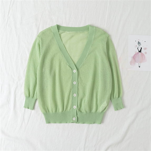 LFEOOST Girls Cropped Cardigan Sweater Cute Buttons 3/4 Sleeve Short Cardigan for Dress Green 6-7 Years
