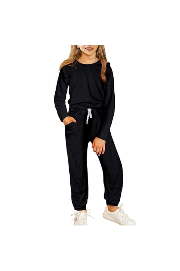 Girls Fall Clothing Sets Stylish Ruffled Tops and Pants with Pockets Clothing Sets 2 Piece Outfits Size 4-13 Years Old Black 10 Years