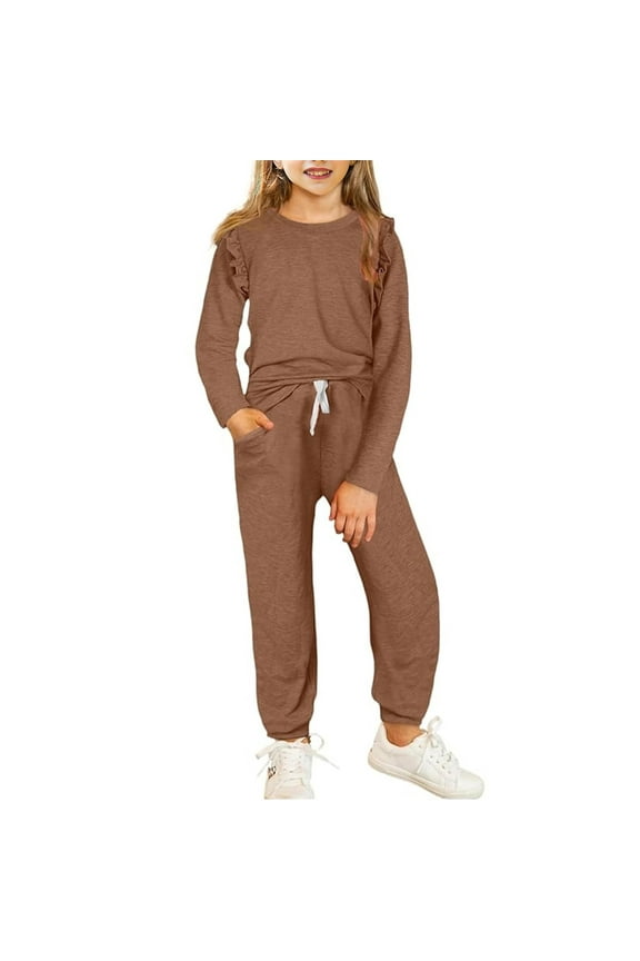 Girls Fall Clothing Sets Stylish Ruffled Tops and Pants with Pockets Clothing Sets 2 Piece Outfits Size 4-13 Years Old Brown 12 Years