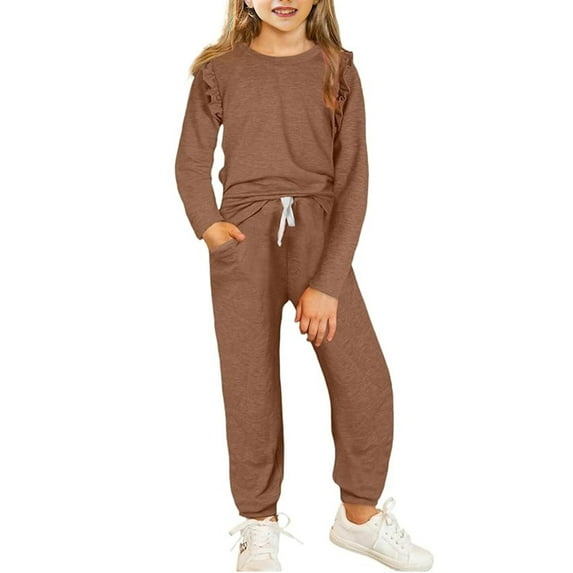 LFEOOST Girls Fall Clothing Sets Stylish Ruffled Tops and Pants with Pockets Clothing Sets 2 Piece Outfits Size 4-13 Years Old Brown 6 Years