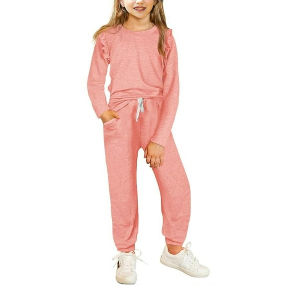 LFEOOST Girls Fall Clothing Sets Stylish Ruffled Tops and Pants with Pockets Clothing Sets 2 Piece Outfits Size 4-13 Years Old Pink 10 Years