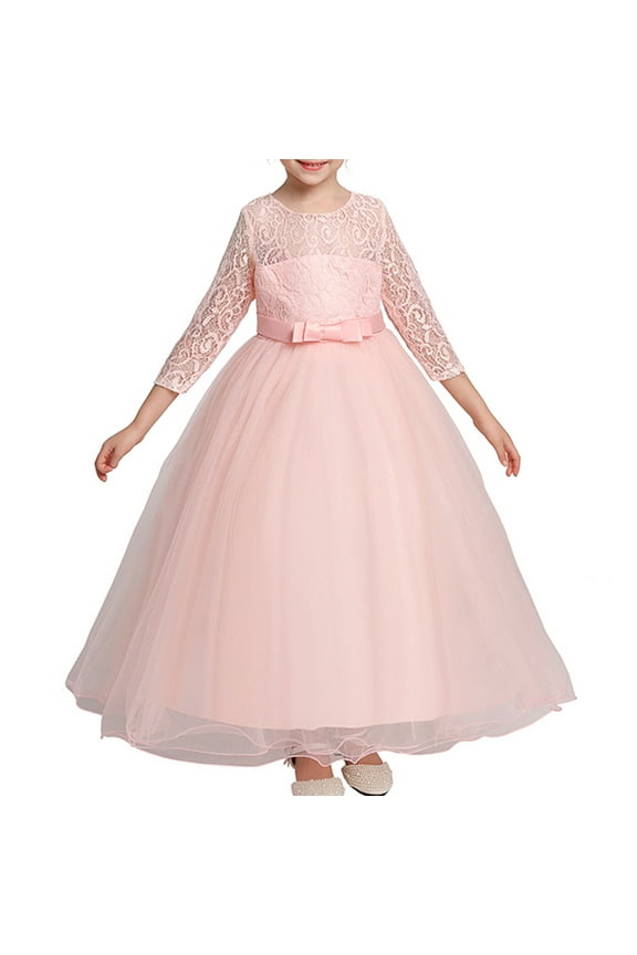 Girls Flower Vintage Floral Lace Short Sleeves Floor Length Dress Wedding Party Evening Formal Pegeant Dance Gown (Pink, 3 Years)